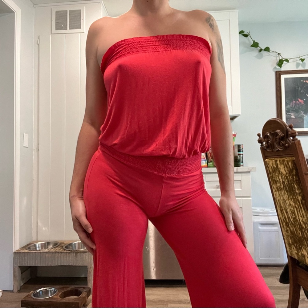 Strapless Wide-Leg Jumpsuit - Red